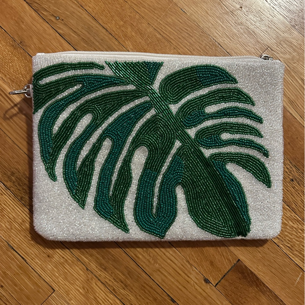 Palm Leaf Print Beaded Clutch